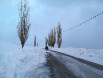 Bare trees on snow covered land against sky