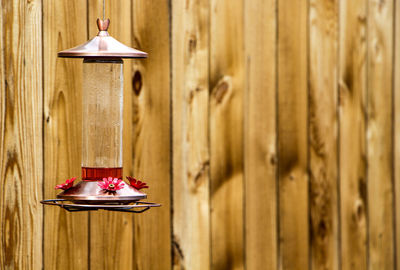 Bird feeder hanging against wooden wall