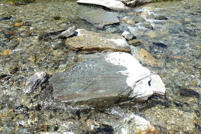 High angle view of rocks in water