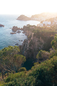 High angle view of trees and sea against sky