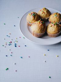 High angle view muffins in plate on table