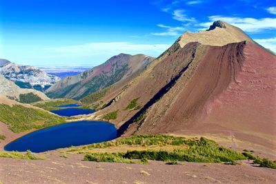 Scenic view of mountains against blue sky