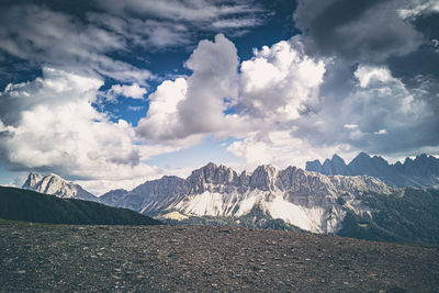 Panoramic view of snowcapped mountains against sky