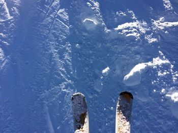 Low section of person on snow covered landscape