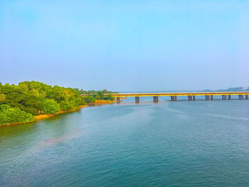 Scenic view of sea against clear blue sky