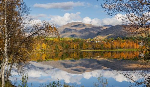 Beautiful scenic landscape with mountain and autumnal forest reflecting in surface of water