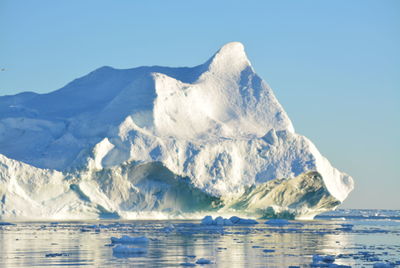 Scenic view of snowcapped mountains and sea against clear sky