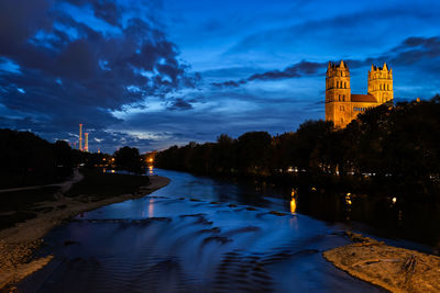 Isar river, park and st maximilian church from reichenbach bridge. munchen, bavaria, germany.