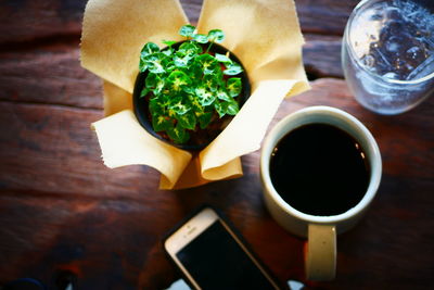 High angle view of coffee on table