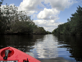 Scenic view of lake by trees against sky