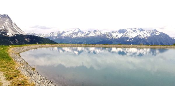 Panoramic view of lake and snowcapped mountains against sky