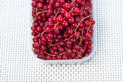 High angle view of strawberries on table