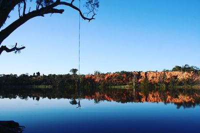 Scenic view of lake against clear blue sky