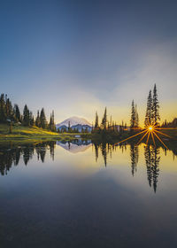 Tipsoo lake on sunset with a reflection of mt. rainier, washington