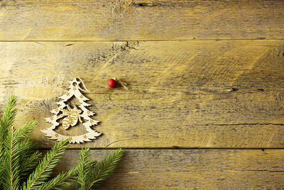 Directly above shot of pine cone on wooden table