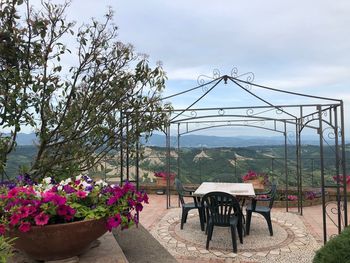 Empty chairs and tables by plants against sky