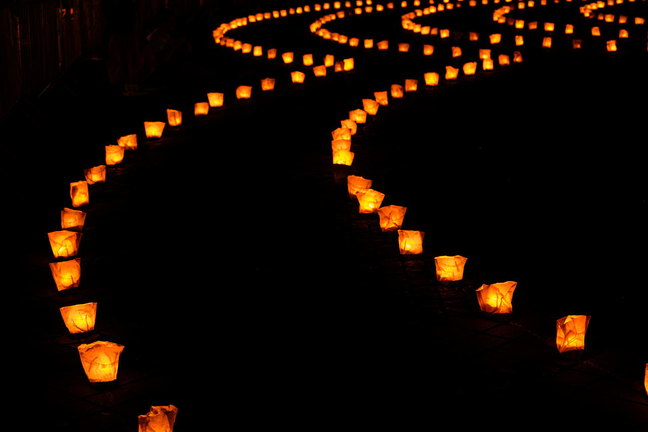 font, illuminated, lighting equipment, night, no people, large group of objects, celebration, in a row, darkness, lantern, lighting, orange color, decoration, tradition, circle