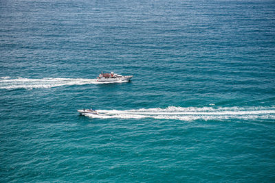 High angle view of ship in sea