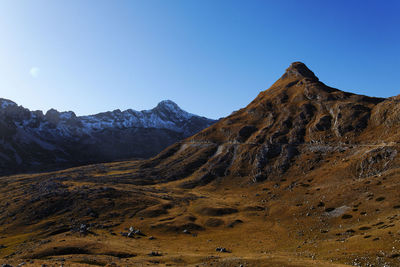 Scenic view of mountains against clear blue sky