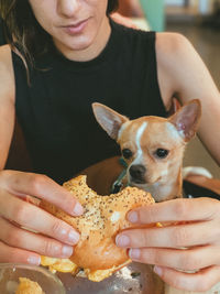 Midsection of woman eating a bagel with dog 