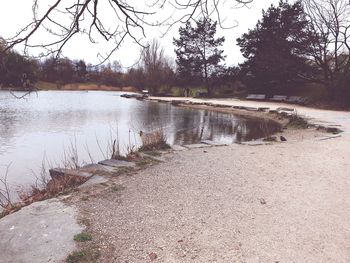 Scenic view of lake in forest against sky