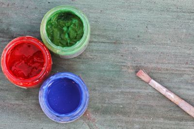 Directly above shot of watercolor paints and paintbrush on table