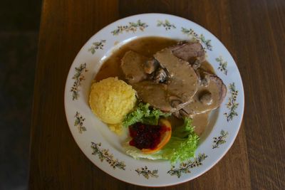 High angle view of breakfast served on table