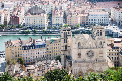 High angle view of buildings in city