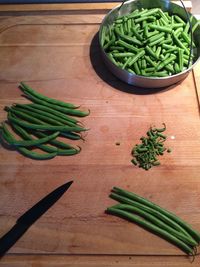 High angle view of beans on cutting board