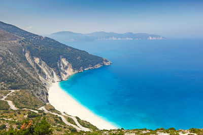 High angle view of bay against sky