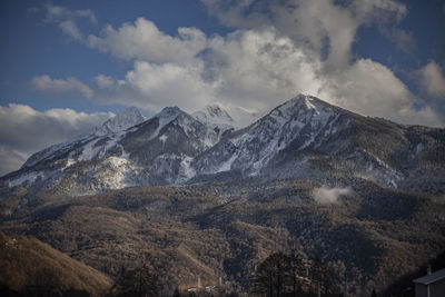 Scenic view of snowcapped mountains against sky