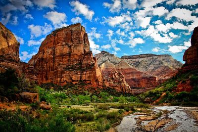 View of rock formations against cloudy sky