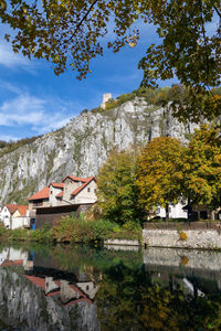 Plants by lake and buildings against sky