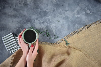 High angle view of coffee on table