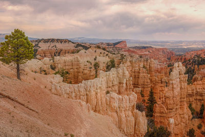 View of rock formations against cloudy sky