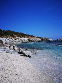 Scenic view of beach against clear blue sky