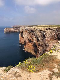 Rock formations by sea against sky