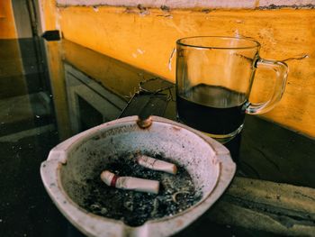 High angle view of drink on table