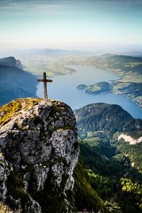 High angle view of cross on cliff