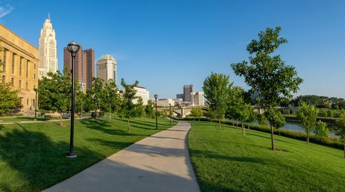 Panoramic view of trees and buildings against clear sky