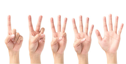 Close-up of human hand against white background