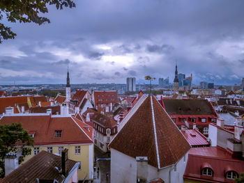 High angle view of buildings in city against sky