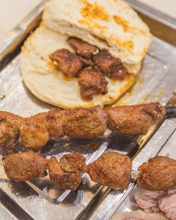 High angle view of meat in plate on table