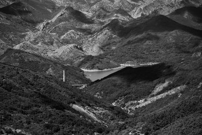 High angle view of landscape and mountains