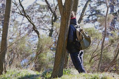 Rear view of man standing by tree trunk in forest