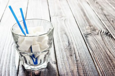 High angle view of drink in glass on table