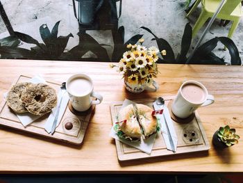 High angle view of breakfast on table