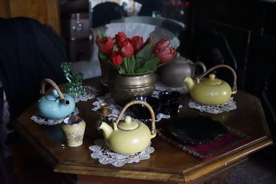 Close-up of flowers in plate on table