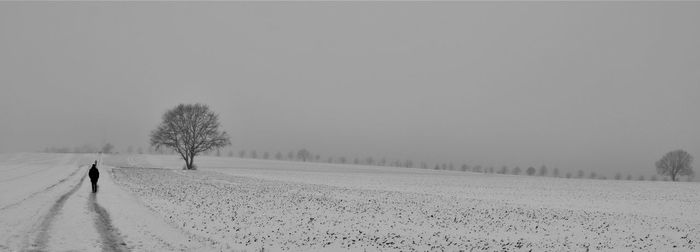 Scenic view of snow covered field against sky