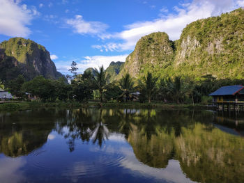 Scenic view of lake and mountains against sky